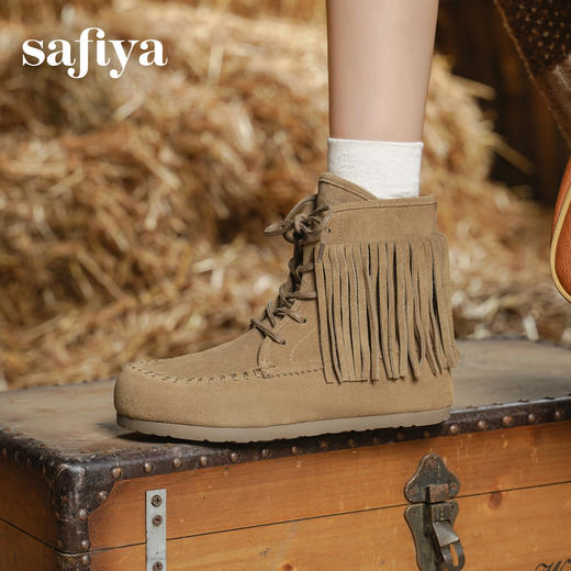Safiya/索菲娅2025流苏游牧风系带休闲绒面复古百搭中筒西部靴SFD4116419 商品图3