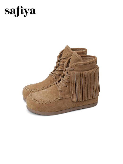 Safiya/索菲娅2025流苏游牧风系带休闲绒面复古百搭中筒西部靴SFD4116419 商品图8