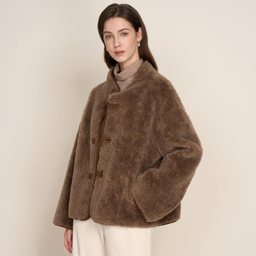 EITIE爱特爱毛绒感立领棕色直筒短款颗粒绒羊毛保暖外套D2503927 商品图1