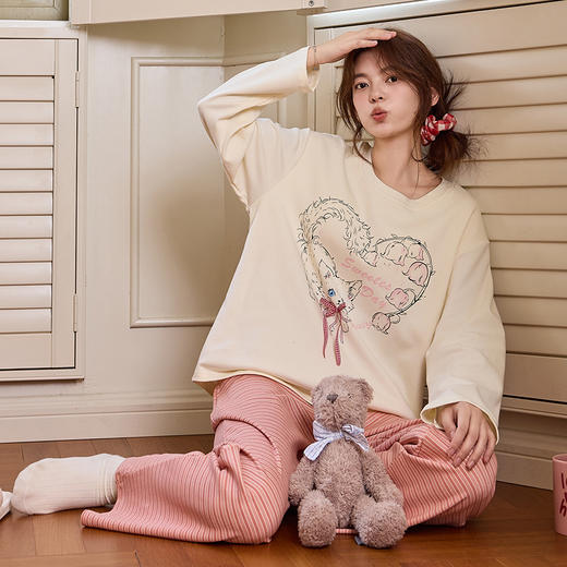 【换季出清】自然醒清甜牛奶丝家居服女款套头（带胸垫）睡衣春秋季长袖长裤卡通可爱宽松套装新款女士冬天家居服QH 商品图14