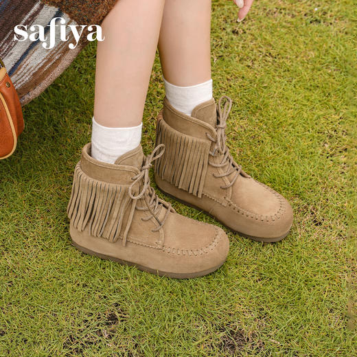 Safiya/索菲娅2025流苏游牧风系带休闲绒面复古百搭中筒西部靴SFD4116419 商品图7