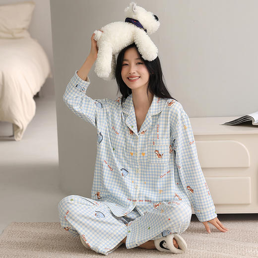 【换季出清】自然醒致柔针织棉(带胸垫)睡衣女士春秋季长袖带胸垫一体秋冬款开衫家居服套装QH 商品图7