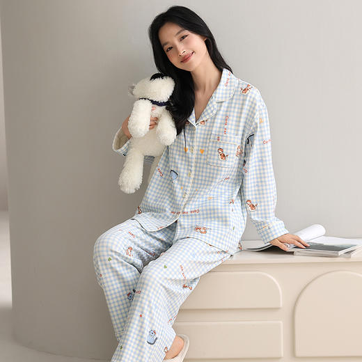 【换季出清】自然醒致柔针织棉(带胸垫)睡衣女士春秋季长袖带胸垫一体秋冬款开衫家居服套装QH 商品图2