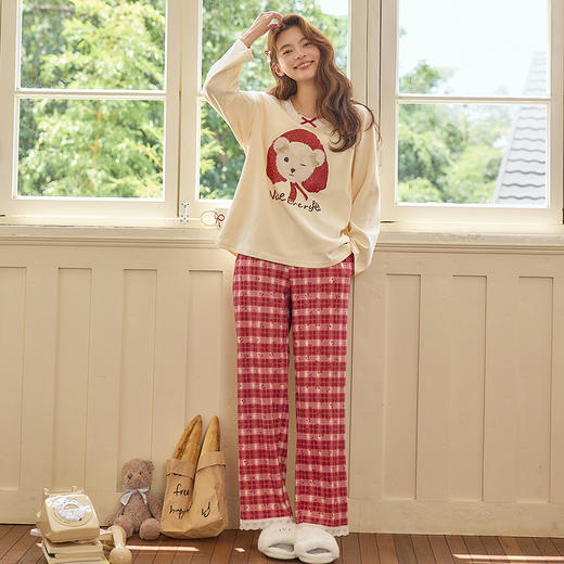 【换季出清】自然醒梦幻针织棉家居服（带胸垫）睡衣女士春秋季长袖长裤可外穿休闲简约套装QH 商品图2