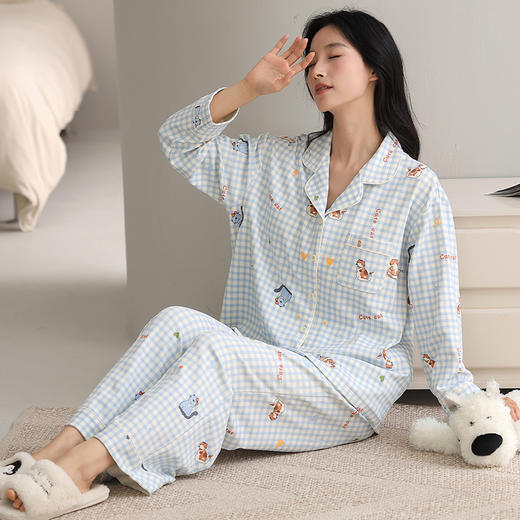 【换季出清】自然醒致柔针织棉(带胸垫)睡衣女士春秋季长袖带胸垫一体秋冬款开衫家居服套装QH 商品图8