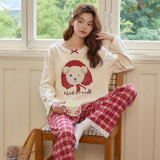 【换季出清】自然醒梦幻针织棉家居服（带胸垫）睡衣女士春秋季长袖长裤可外穿休闲简约套装QH 商品图8