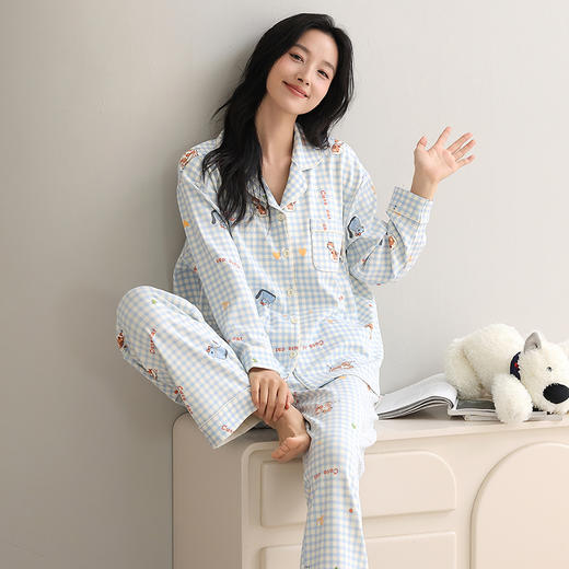 【换季出清】自然醒致柔针织棉(带胸垫)睡衣女士春秋季长袖带胸垫一体秋冬款开衫家居服套装QH 商品图5