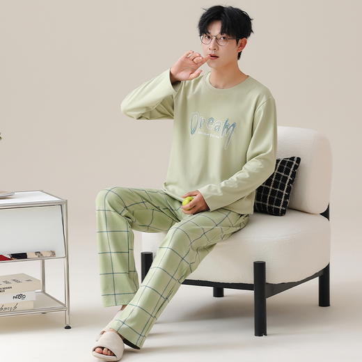 【换季出清】自然醒自在男士家居服针织棉长袖长裤套头睡衣QH 商品图1