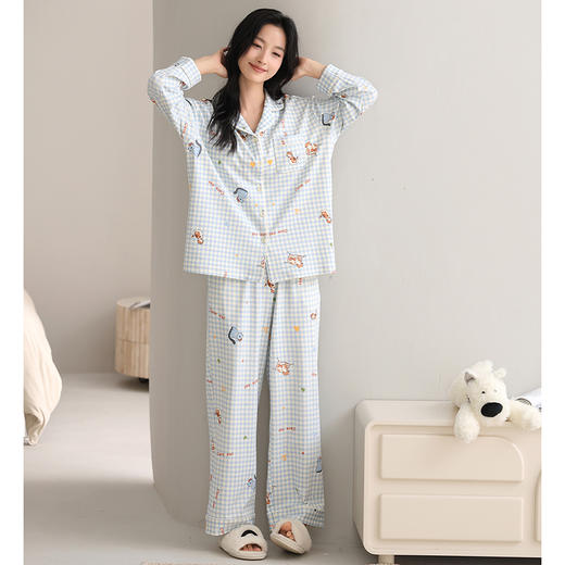 【换季出清】自然醒致柔针织棉(带胸垫)睡衣女士春秋季长袖带胸垫一体秋冬款开衫家居服套装QH 商品图10