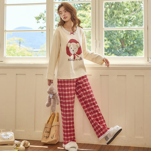【换季出清】自然醒梦幻针织棉家居服（带胸垫）睡衣女士春秋季长袖长裤可外穿休闲简约套装QH 商品图3