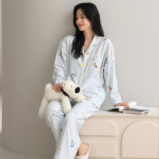 【换季出清】自然醒致柔针织棉(带胸垫)睡衣女士春秋季长袖带胸垫一体秋冬款开衫家居服套装QH 商品图3