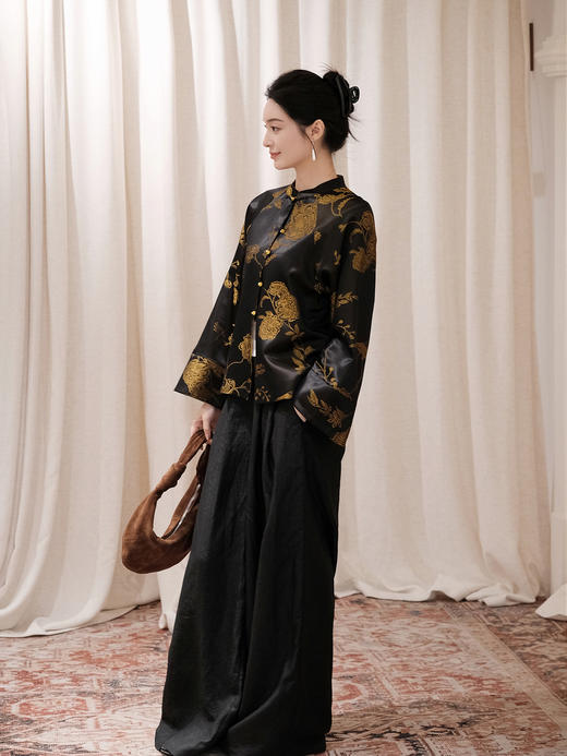 盛唐婧 | 新中式老缎灰黄对襟外套 商品图1