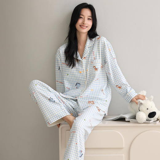 【换季出清】自然醒致柔针织棉(带胸垫)睡衣女士春秋季长袖带胸垫一体秋冬款开衫家居服套装QH 商品图4