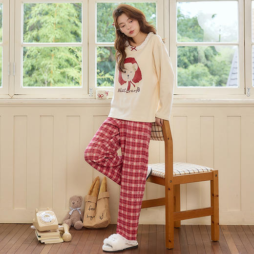 【换季出清】自然醒梦幻针织棉家居服（带胸垫）睡衣女士春秋季长袖长裤可外穿休闲简约套装QH 商品图5