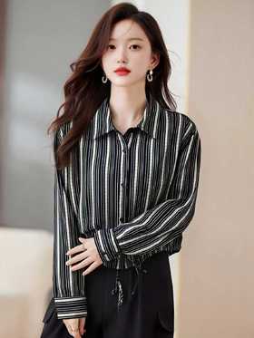 冰点价！仅限11.11！退货勿拍【秋新品】0719条纹藏蓝抽绳短款长袖衬衫-喜出