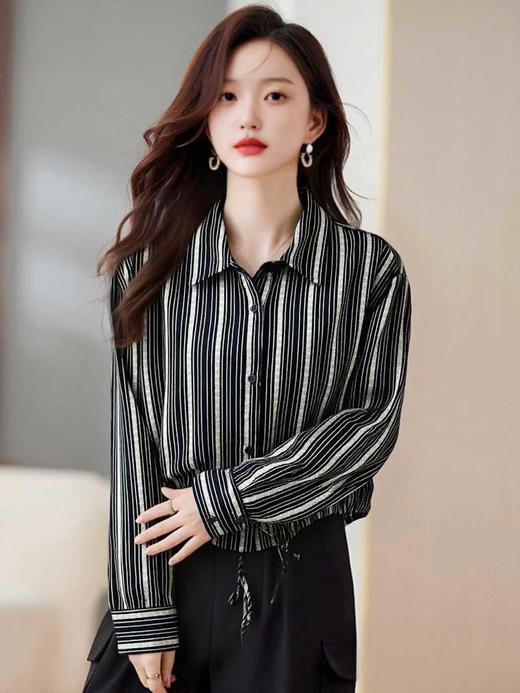 冰点价！仅限11.11！退货勿拍【秋新品】0719条纹藏蓝抽绳短款长袖衬衫-喜出 商品图0