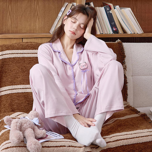 【换季出清】自然醒轻歌针织棉睡衣女士春秋季长袖开衫可外穿高级感休闲宽松家居服套装QH 商品图11