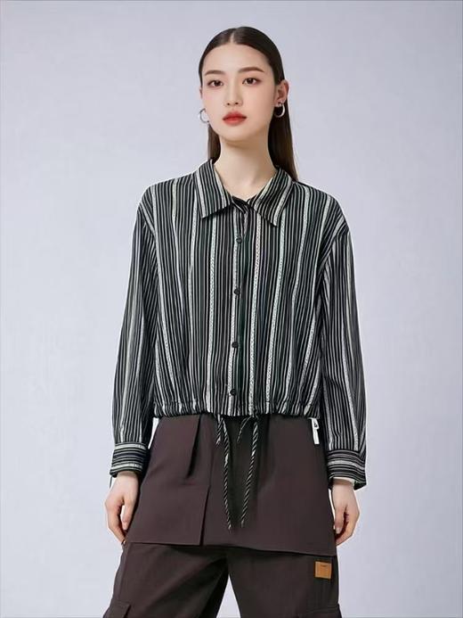 冰点价！仅限11.11！退货勿拍【秋新品】0719条纹藏蓝抽绳短款长袖衬衫-喜出 商品图1