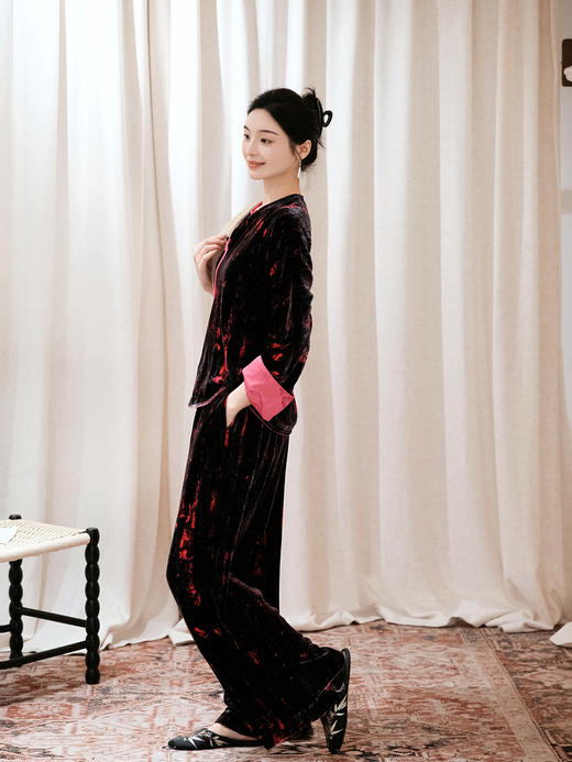 盛唐婧 | 新中式真丝丝绒阔腿直筒裤 商品图3