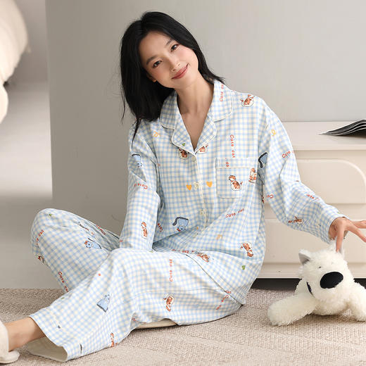 【换季出清】自然醒致柔针织棉(带胸垫)睡衣女士春秋季长袖带胸垫一体秋冬款开衫家居服套装QH 商品图9