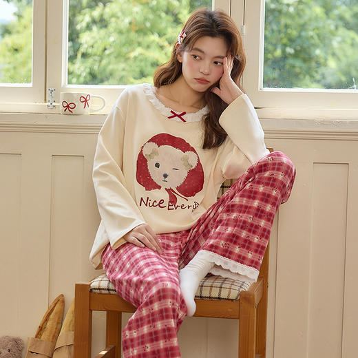 【换季出清】自然醒梦幻针织棉家居服（带胸垫）睡衣女士春秋季长袖长裤可外穿休闲简约套装QH 商品图7