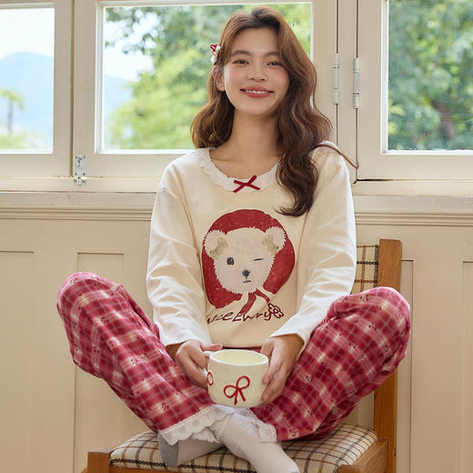 【换季出清】自然醒梦幻针织棉家居服（带胸垫）睡衣女士春秋季长袖长裤可外穿休闲简约套装QH 商品图11