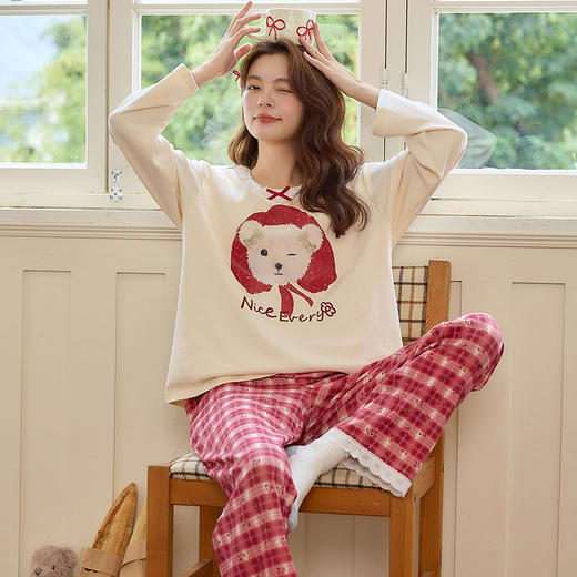 【换季出清】自然醒梦幻针织棉家居服（带胸垫）睡衣女士春秋季长袖长裤可外穿休闲简约套装QH 商品图9