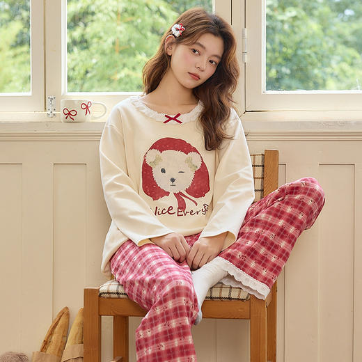 【换季出清】自然醒梦幻针织棉家居服（带胸垫）睡衣女士春秋季长袖长裤可外穿休闲简约套装QH 商品图6