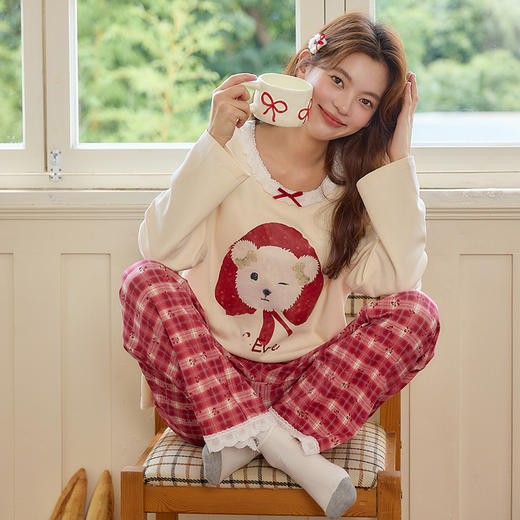 【换季出清】自然醒梦幻针织棉家居服（带胸垫）睡衣女士春秋季长袖长裤可外穿休闲简约套装QH 商品图10