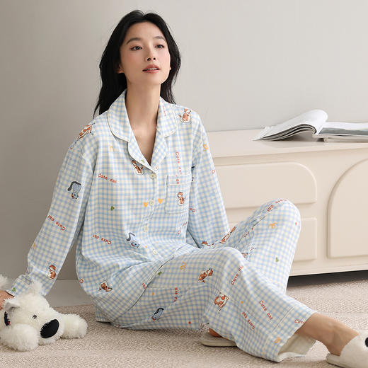 【换季出清】自然醒致柔针织棉(带胸垫)睡衣女士春秋季长袖带胸垫一体秋冬款开衫家居服套装QH 商品图6