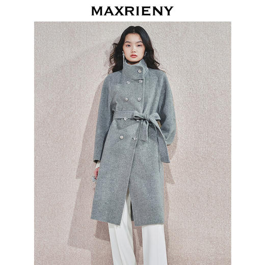 MAXRIENY肌理感立领澳毛双面呢灰色外套中长款24冬新款绵羊毛大衣(货号:MS85CT771) 商品图0