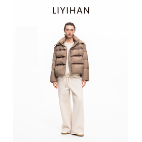 LIYIHAN 2025冬季新款通勤亚麻咖色保暖短外套90白鹅绒羽绒服女