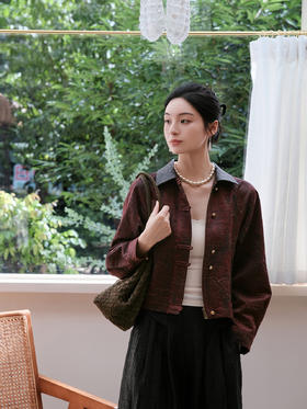 盛唐婧 | 轻奢复古油丝香云纱拼皮夹克衫