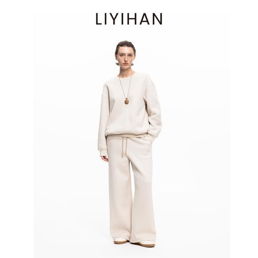 LIYIHAN 2025秋冬新款棉质加绒针织休闲裤米白色女直筒裤子设计感 商品图2