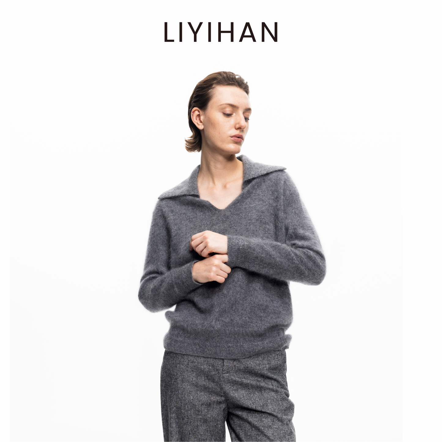 LIYIHAN云絮 2025秋冬季新款V领毛衫灰色女羊绒衫小众设计感毛衣