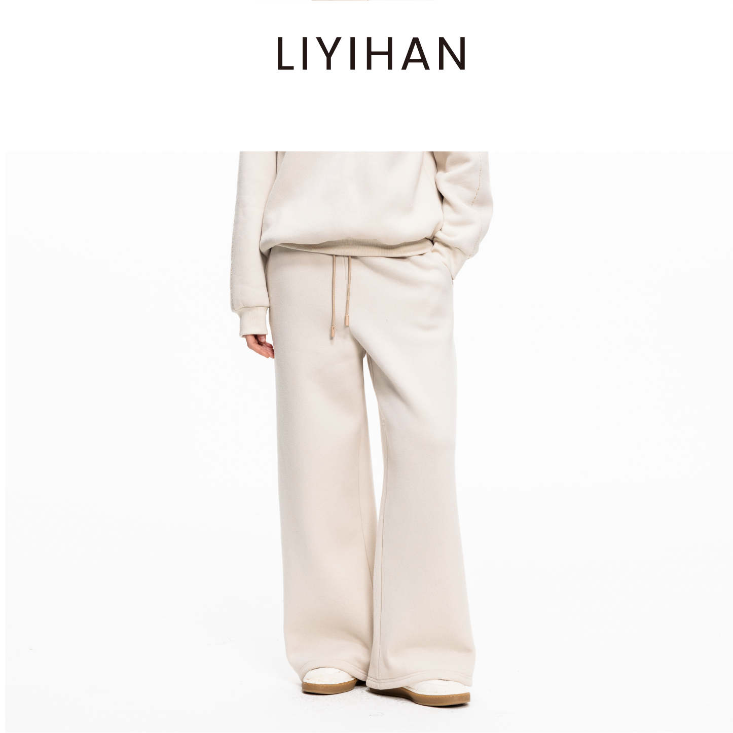 LIYIHAN 2025秋冬新款棉质加绒针织休闲裤米白色女直筒裤子设计感