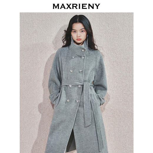 MAXRIENY肌理感立领澳毛双面呢灰色外套中长款24冬新款绵羊毛大衣(货号:MS85CT771) 商品图2