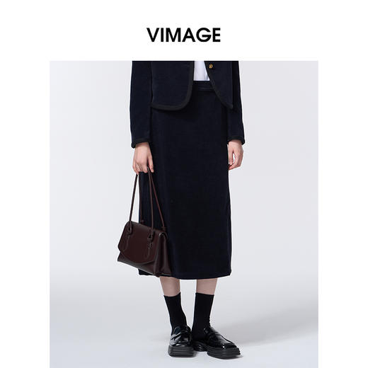 VIMAGE纬漫纪时尚通勤侧面开叉复古半裙V2406116 商品图4
