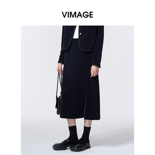 VIMAGE纬漫纪时尚通勤侧面开叉复古半裙V2406116 商品图3