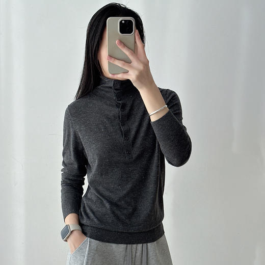 秋冬洋气纯色简约半开扣套头长袖羊绒针织衫软糯舒适气质打底衫女 商品图0