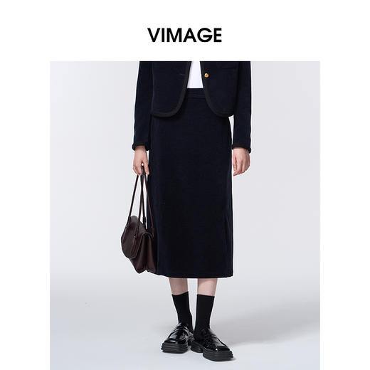 VIMAGE纬漫纪时尚通勤侧面开叉复古半裙V2406116 商品图2