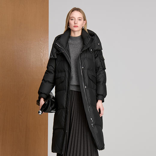 EITIE爱特爱暗扣厚实高领兜帽鹅绒填充长款轻盈羽绒外套8411113 商品图1