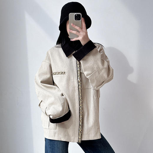 秋季新款小众设计撞色翻领重工钉珠高级感中长款风衣外套潮 商品图3