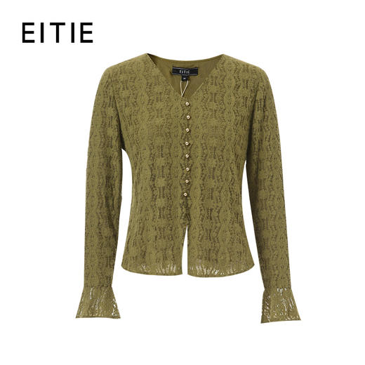 EITIE爱特爱V 领收腰蕾丝喇叭袖口设计别致灵动小上衣8413103 商品图8