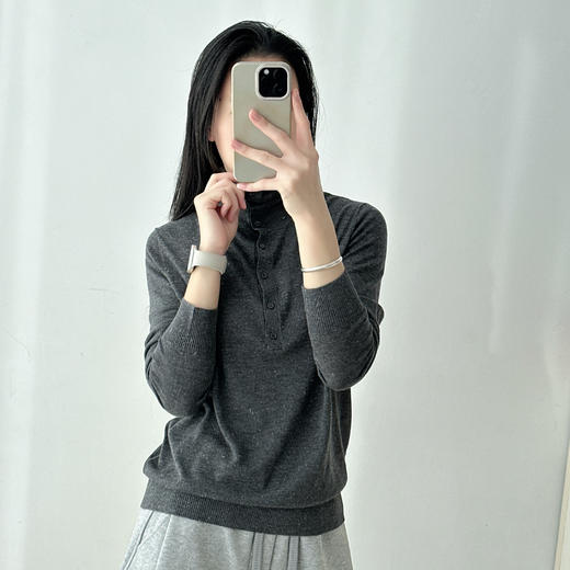 秋冬洋气纯色简约半开扣套头长袖羊绒针织衫软糯舒适气质打底衫女 商品图1