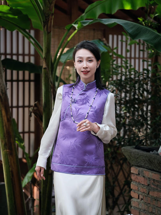 盛唐牡丹| 文竹真丝漳缎偏襟马甲 商品图6