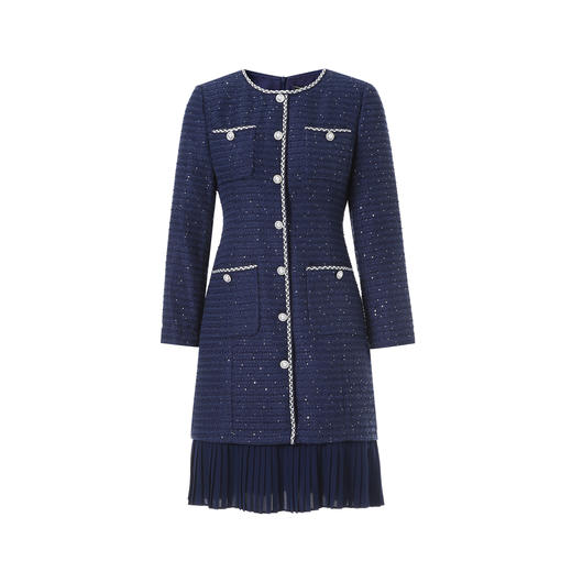 EITIE爱特爱亮片粗花呢气质圆领直筒百褶蓝色连衣裙秋冬新款D2507915 商品图5