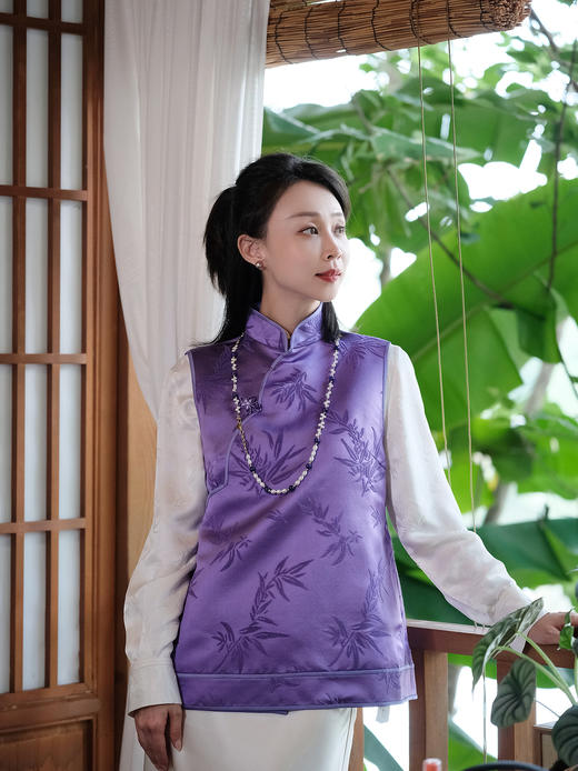 盛唐牡丹| 文竹真丝漳缎偏襟马甲 商品图5