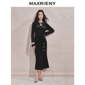 玛克门店发货：MAXRIENY金属钻扣黑丝绒上衣女24秋新款(货号:MC85TP544)