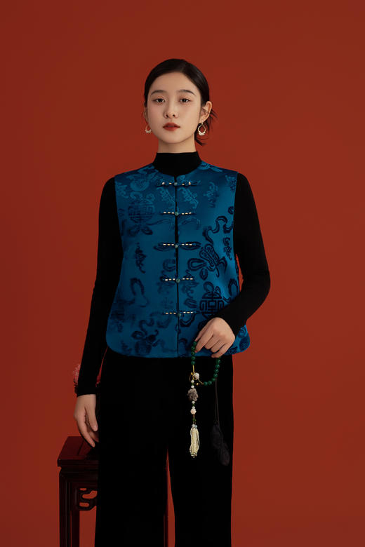 荷言HEYEN 漳荃 暗八仙纹样漳绒缎马甲绿玉石扣头侧片可开合 商品图0